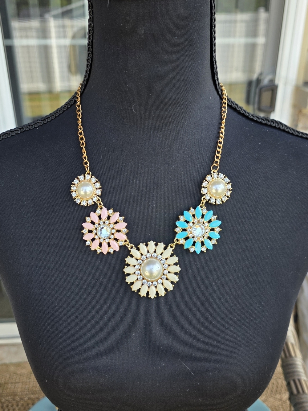Multicolor Floral Rhinestone Statement Necklace Gold Tone 21"
